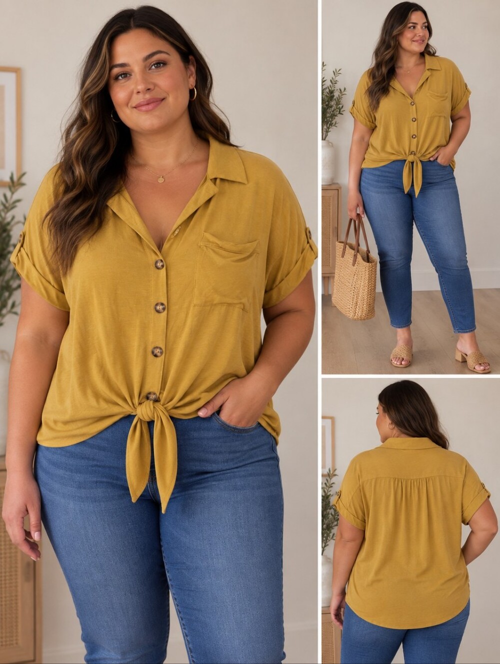 Tie-Front Button Shirt - Mustard Yellow